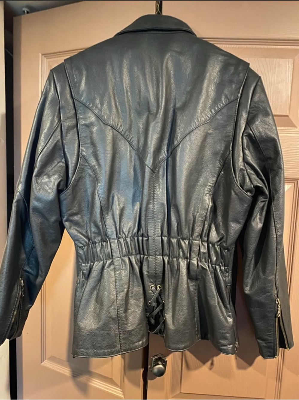 Women's Black Leather Cinched Back Jacket